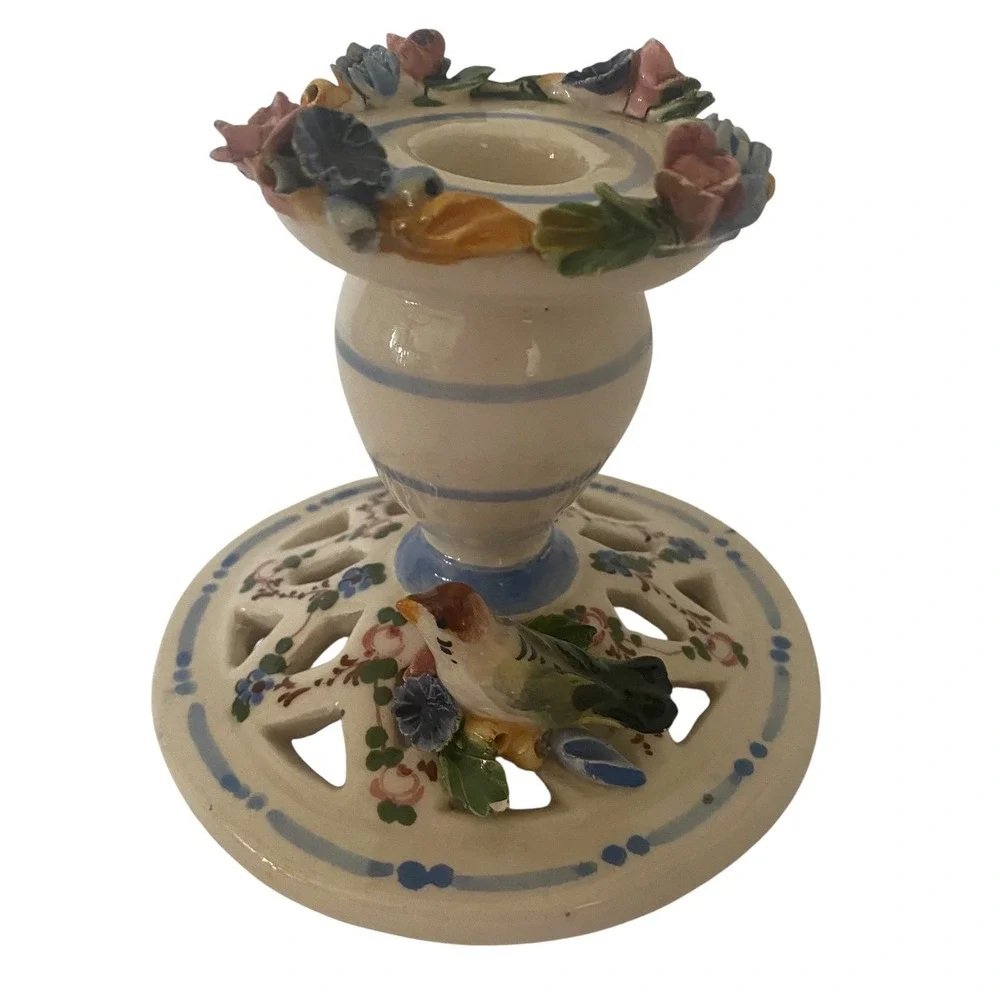 Naples Italy‎ Ceramic Candlestick Holder Applied Flowers Bird Reticulated Base